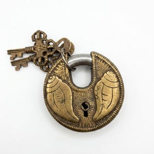 Vintage Conch Shell Brass Padlock | Antique Round Lock with 2 Ornate Keys.