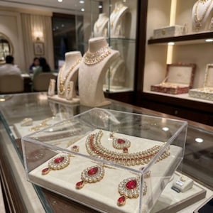 May include: A jewelry set featuring a gold-tone necklace, a maang tikka, and matching earrings, all adorned with teardrop-shaped red stones and clear crystals. The set is displayed inside a clear acrylic box on a cream-colored velvet tray.