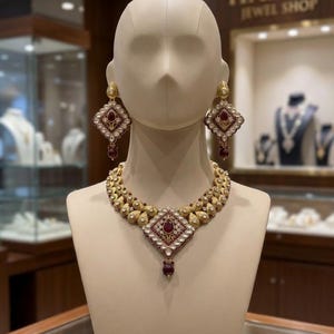 Peut inclure: Un ensemble collier et boucles d'oreilles doré composé d'un pendentif central en forme de losange avec une pierre rouge foncé entourée d'accents blancs. Le collier présente des maillons dorés texturés et les boucles reprennent le motif.