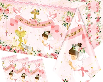 Pink First Communion Tablecloth Set | Mi Primera Comunion Party Decor (3PCS)
