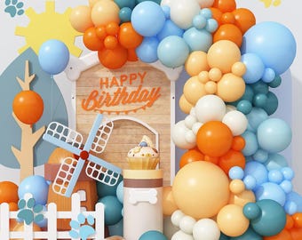 Kit de guirnalda de globos retro en naranja quemado y azul empolvado / 125 piezas para decoración de arco