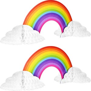 May include: Two decorative rainbow centerpieces featuring a vibrant, multi-colored arched rainbow design. Each end of the rainbow is attached to a white, three-dimensional honeycomb paper cloud structure that allows the item to stand upright.