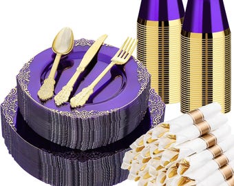 Purple Gold Disposable Dinnerware Set for 50 Guests | 350PCS Party Plates Cups Napkins & Cutlery