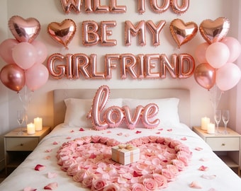 Rose Gold Proposal Balloon Kit | "Will You Be My Girlfriend" Letters, Hearts, Petals