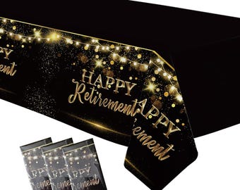 Juego de manteles para fiesta de jubilación / Manteles negros y dorados con el mensaje "Feliz jubilación" para hombres y mujeres.