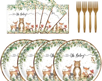 Woodland Baby Shower Tableware Set | 72PCS Forest Animal Plates Napkins Forks Safari Party Decor