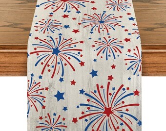 Silver Fireworks Patriotic Table Runner | 13x36 Inch 4th of July Kitchen Dining Table Decor