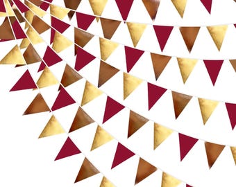 Guirnalda triangular de tela color marrón dorado y granate / Decoración para fiestas de otoño