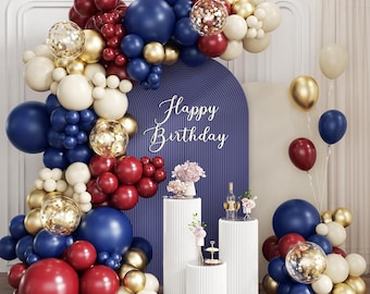 Kit de arco de globos rojo, blanco y azul / Decoraciones para fiestas en dorado metálico y blanco arena