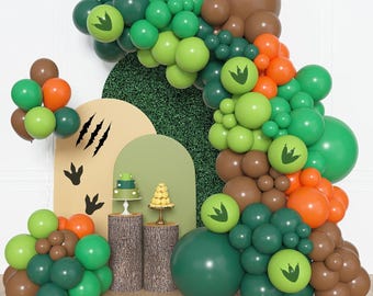 Kit de arco de globos de dinosaurios / Guirnalda verde, marrón y naranja para fiestas de cumpleaños y baby showers.