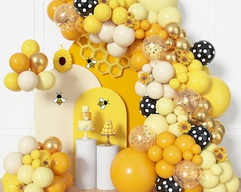 Kit de arco de globos de abeja / Guirnalda pastel amarillo mostaza, confeti dorado para decoración de cumpleaños