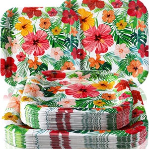 May include: A stack of square paper plates featuring a vibrant tropical pattern. The design displays large red, yellow, orange, and light pink hibiscus flowers interspersed with lush green palm leaves and fern fronds against a white background.