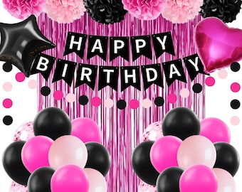 Conjunto de decoración de cumpleaños rosa y negro / Rosa fucsia, globos, pancarta, cortina de flecos