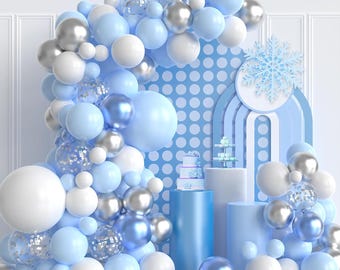 Kit de guirnalda de globos azul y plateado / Arco de confeti blanco para fiestas