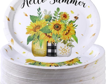 Platos de papel ovalados con diseño de girasoles / Vajilla para fiesta de verano (50 unidades)