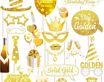 Accesorios para fotomatón de cumpleaños dorado / Kit de selfies con purpurina "Mantente dorado"