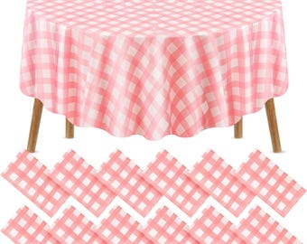 Pink Gingham Round Tablecloths | 12PCS Buffalo Plaid Disposable Party Covers
