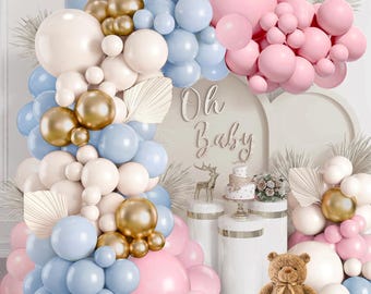 Kit de arco de globos para revelación de género / Guirnalda rosa palo, azul y dorada, para baby shower, temática de osos.