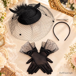 May include: A black fascinator hat with a birdcage veil and feathers, a thin black headband, a silver hair clip, and a pair of black satin gloves featuring ruffled polka dot tulle cuffs with small satin bows at the wrists.
