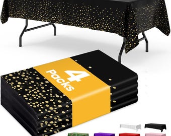 Black Gold Tablecloths | 4 Pack Disposable Plastic Party Covers (54x108 Inch)