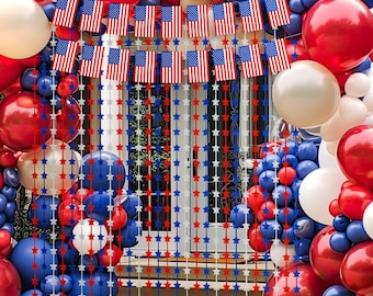 250th Anniversary Decorations | Red White Blue Foil Fringe Curtains USA Banner Backdrop
