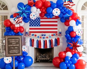 Kit de arco de guirnalda de globos rojos, blancos y azules / Decoraciones patrióticas del 250 aniversario de Estados Unidos