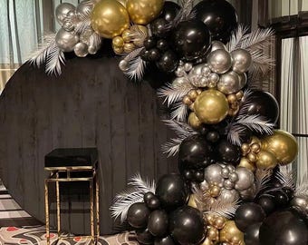 Kit de guirnalda de globos negros, dorados y plateados / Arco cromado estilo años 20, Año Nuevo, fiesta de cumpleaños