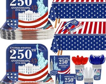 250th Anniversary Patriotic Tableware Set | Serves 24, Plates, Cups, Napkins