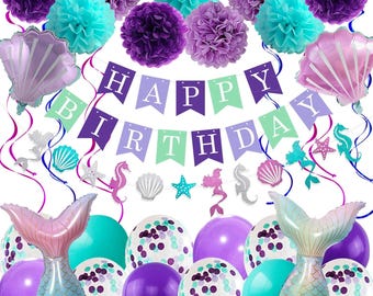 Artículos para fiesta de cumpleaños de sirenas / Pancarta morada y turquesa, globos, pompones