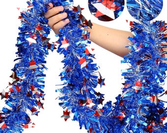 Guirnalda patriótica de oropel / 15 metros de estrellas rojas, blancas y azules con purpurina para la decoración del 4 de julio