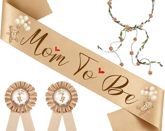 Bear Baby Shower Sash Set | Mom Dad Pins, Flower Crown, Neutral Decor