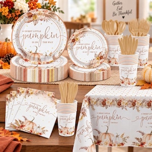 May include: A party supply set featuring a pumpkin and floral theme with the text A SWEET LITTLE PUMPKIN IS ON THE WAY. Includes paper plates, cups, napkins, and plastic cutlery in shades of orange, brown, and gold with a white background.