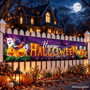May include: A rectangular Halloween banner featuring a purple background with orange text that reads Happy HALLOWEEN. The design includes illustrations of two jack-o'-lanterns wearing a witch hat, white ghosts, and a silhouette of a haunted house.
