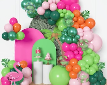 Kit de arco de globos tropical / Guirnalda rosa fucsia, verde y naranja con hojas de palma (153 piezas)