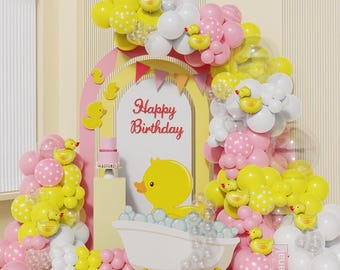 Kit de guirnalda de globos de patos / Arco rosa y amarillo, patito de goma de papel de aluminio para decoración de baby shower