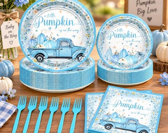 96 Pcs Little Pumpkin Baby Shower Tableware Set, Blue Fall Party Decor for 24