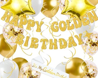 Gold Birthday Party Decorations Set | Banner, Sash, Star Balloons, Swirls