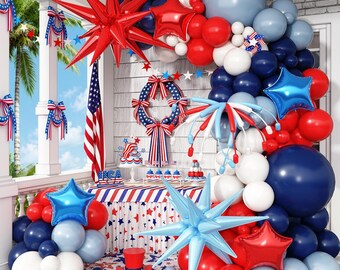Kit de arco de globos para el 4 de julio / Guirnalda patriótica roja, blanca y azul, globos de estrellas