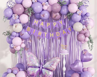 Decoraciones de cumpleaños con mariposas rosas y moradas / Guirnalda de globos en tonos pastel y cortina de flecos para fiestas de cumpleaños de mujeres