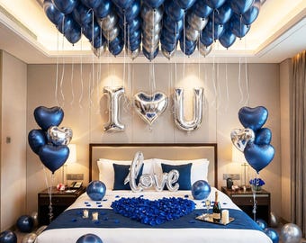 Conjunto de decoración azul y plata para aniversario / Globos románticos para propuesta de matrimonio, pétalos de rosa