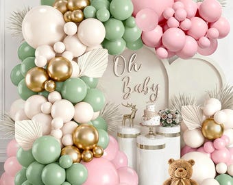 Kit de arco de globos verde salvia y rosa / Guirnalda verde oliva y dorada para decoración de baby shower, bodas y cumpleaños.