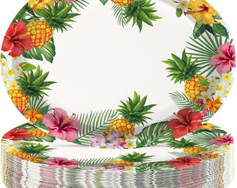 Platos ovalados hawaianos Luau / Vajilla para fiestas tropicales con diseño de piña y hojas de palma