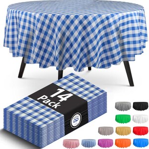 May include: A round table covered with a blue and white checkered tablecloth. In the foreground, a stack of 14 folded blue and white checkered tablecloths is wrapped in a black band labeled 14 Pack. Smaller images show various color options.
