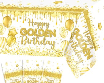 Juego de manteles dorados con purpurina "Feliz Cumpleaños Dorado" (3 piezas, 108 x 54 pulgadas)