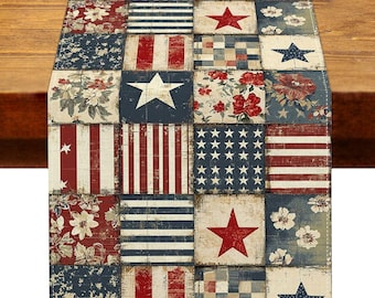 Vintage 4th of July Table Runner | Retro Patchwork Patriotic Decor (13x72 Inch)