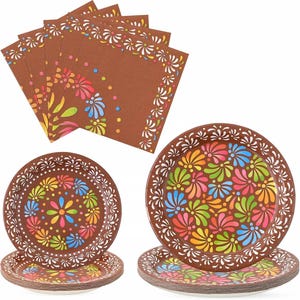 May include: A set of brown paper plates and napkins featuring a colorful floral pattern. The plates are round with a scalloped edge, while the square napkins display a matching border design with pink, blue, yellow, and green flower motifs.