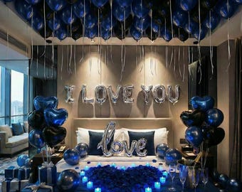 Blue Black I Love You Balloons Kit | Romantic Heart Balloons, Rose Petals, LED Lights