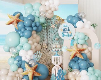 Under the Sea Balloon Arch Kit | Blue, Sand, White Balloons, Starfish Foil for Ocean Birthday Decor
