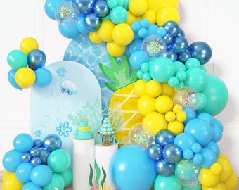 Blue Yellow Balloon Arch Kit | Teal Metallic Garland, Flower Print, Sea Theme Party Decor