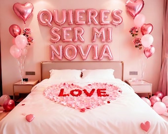 Quieres Ser Mi Novia – Kit de Globos Rosas / Globos de Corazón, Pétalos de Rosa, Decoración de Propuesta